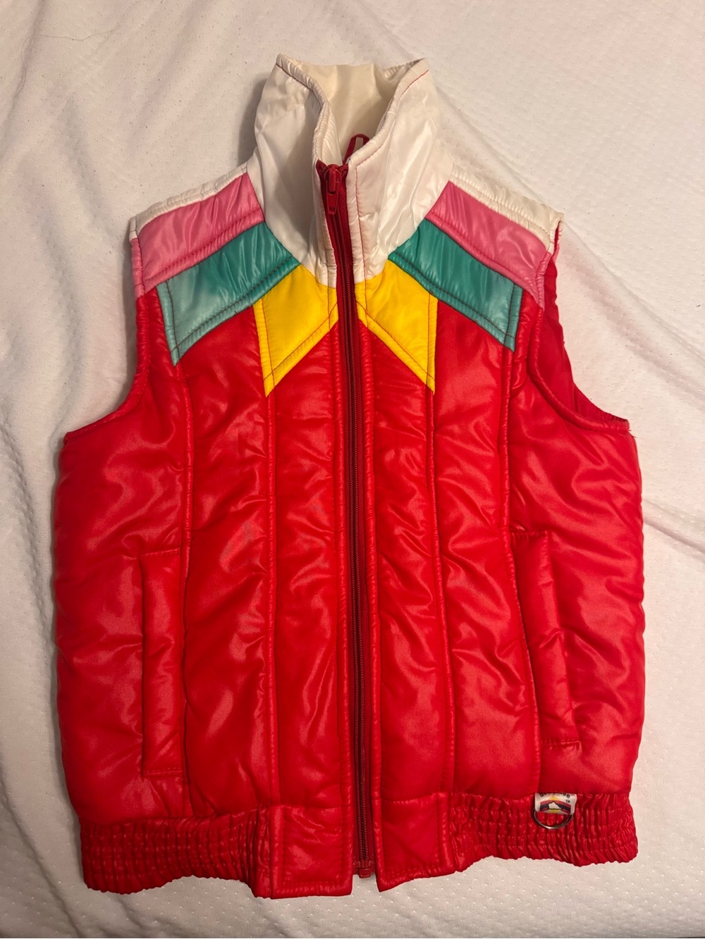 Bright Red Vintage Puffer Vest with Colorblock Accents SMALL